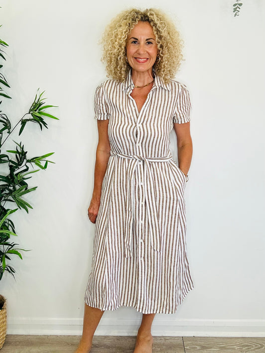Striped Linen Shirt Dress - Size 8