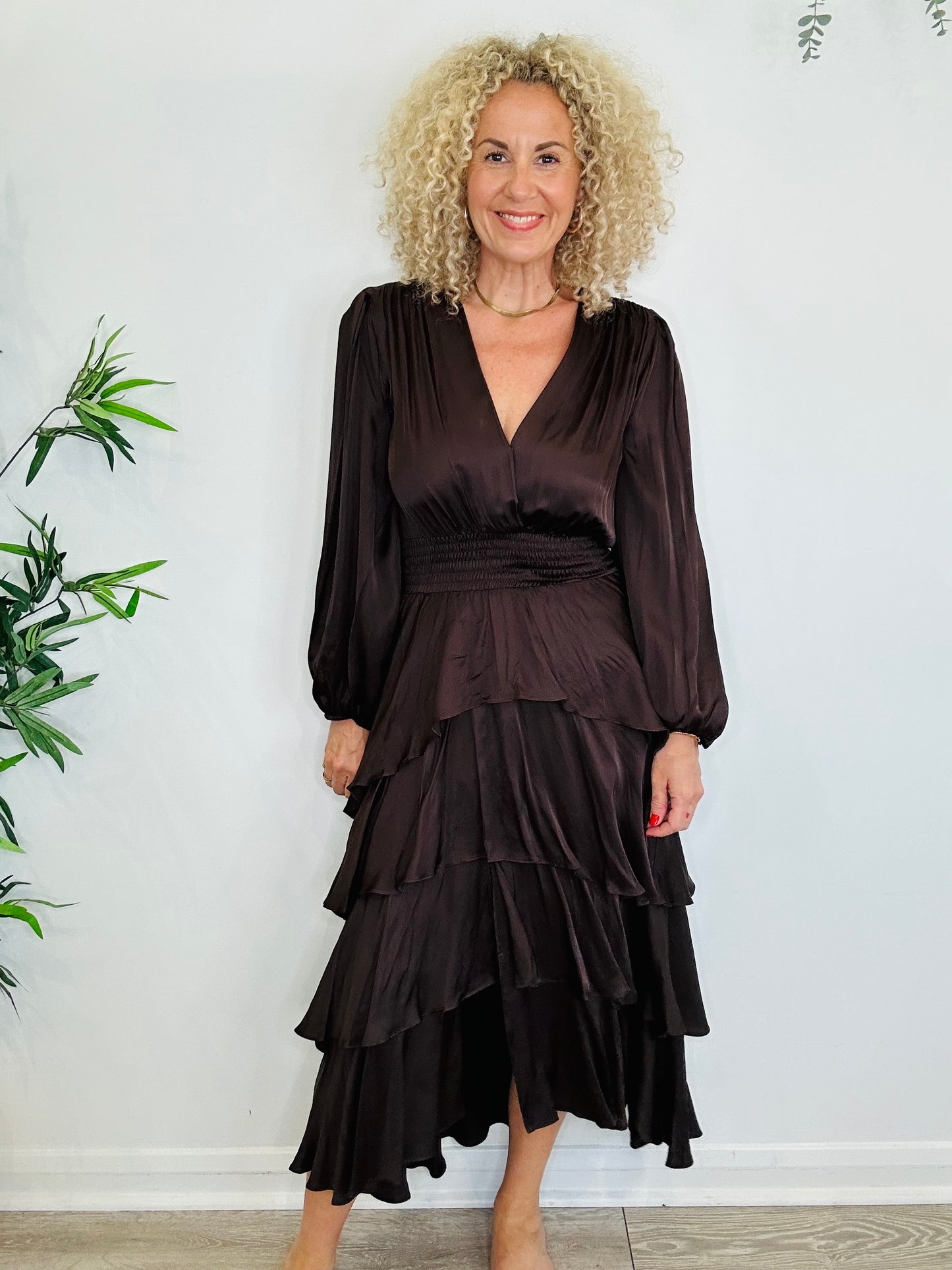 Satin Ruffle Maxi Dress - Size 42