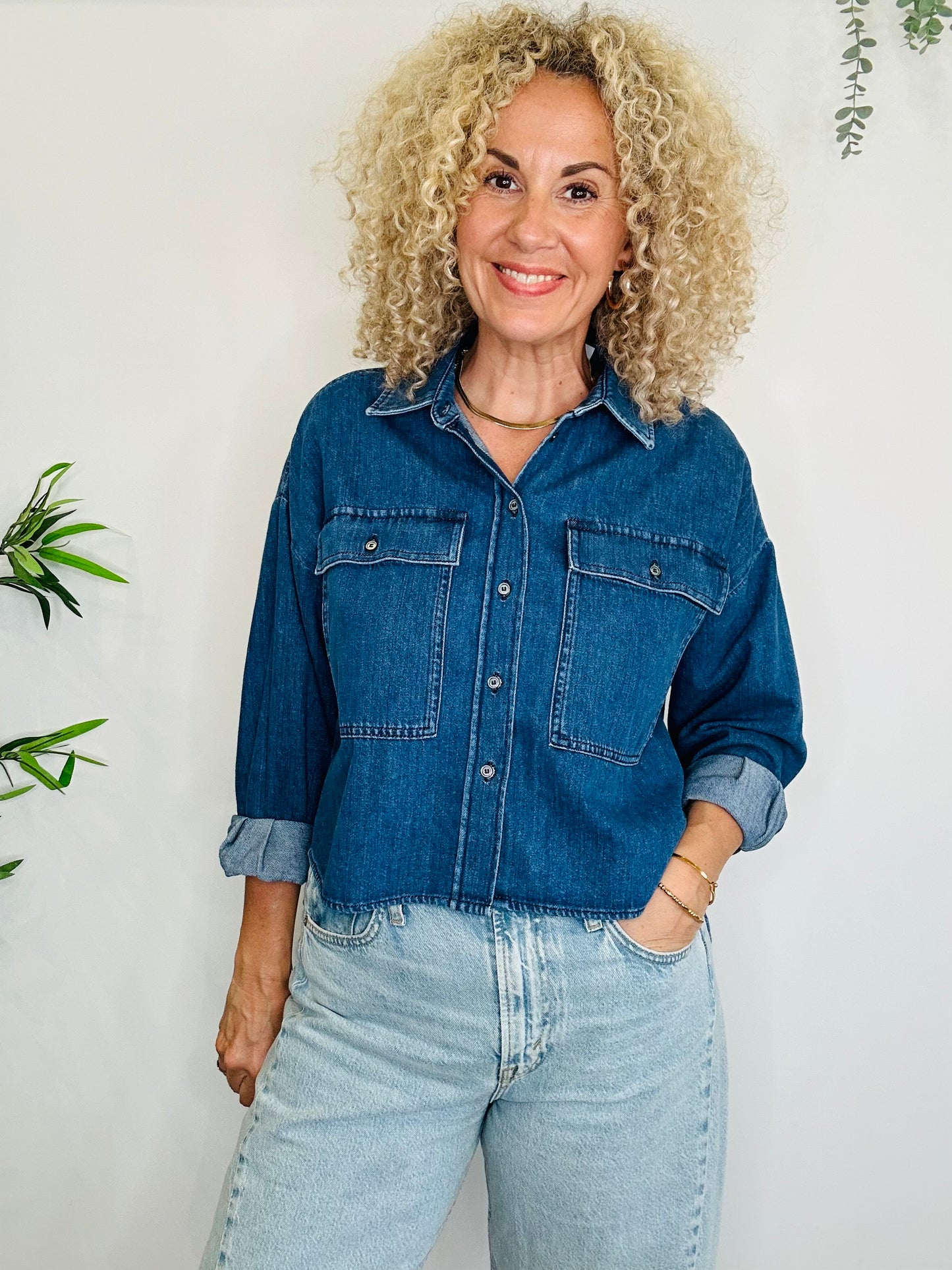 Cropped Denim Shirt - Size 8