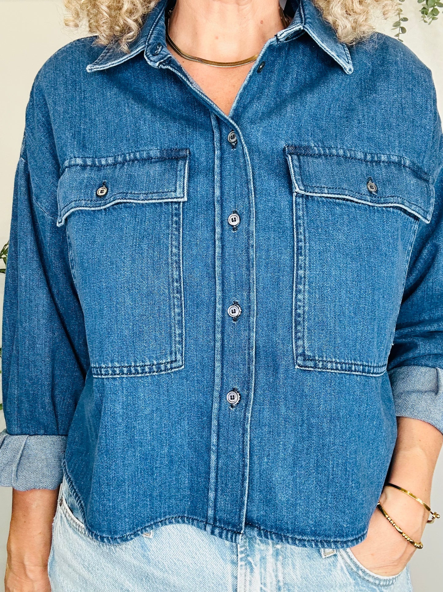 Cropped Denim Shirt - Size 8