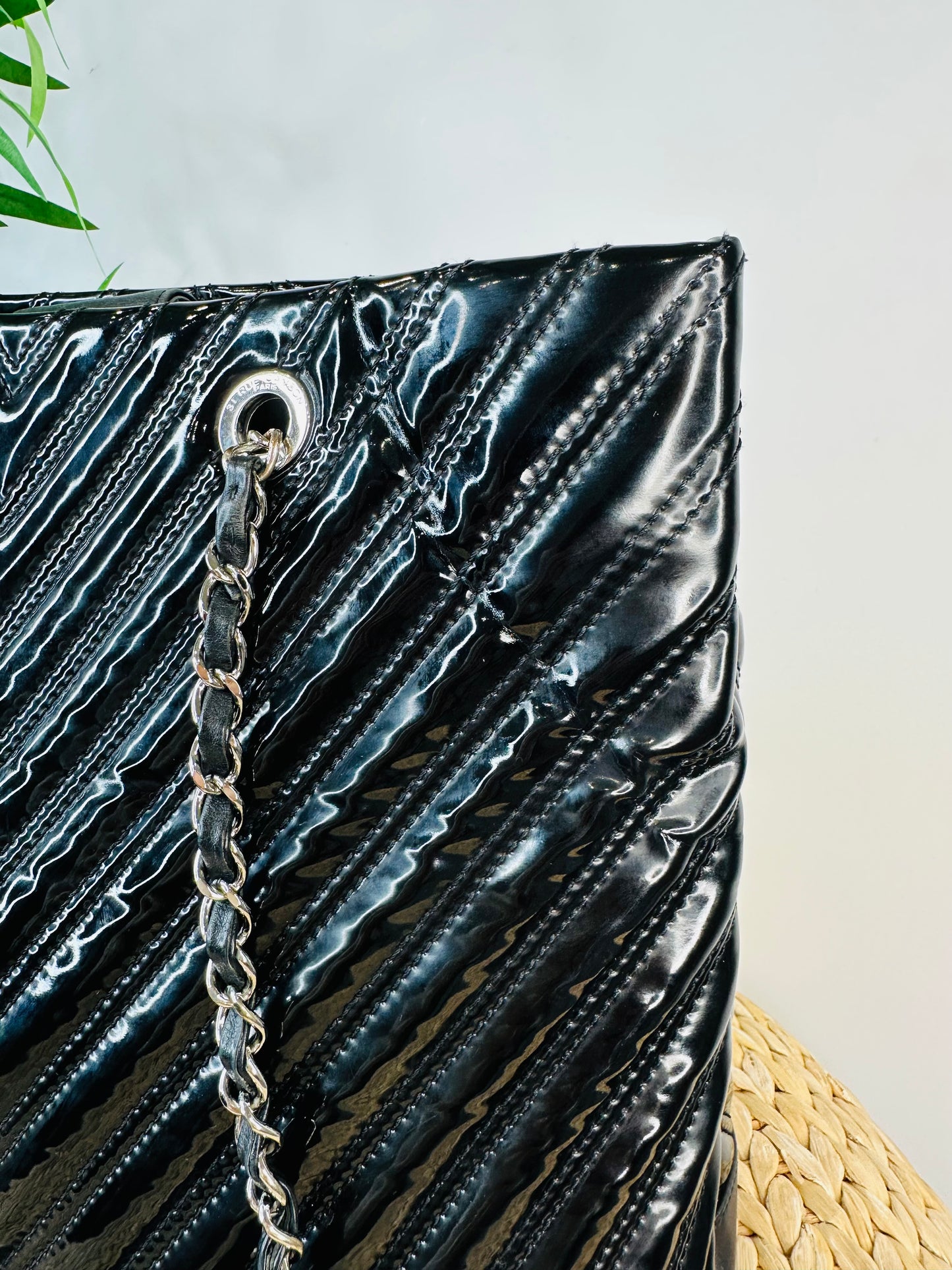 Patent Chevron Leather Shopper Tote