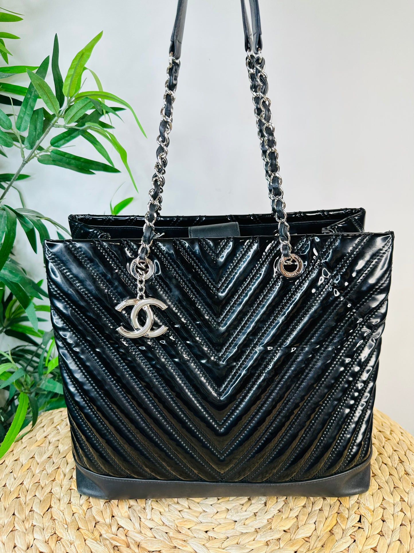 Patent Chevron Leather Shopper Tote