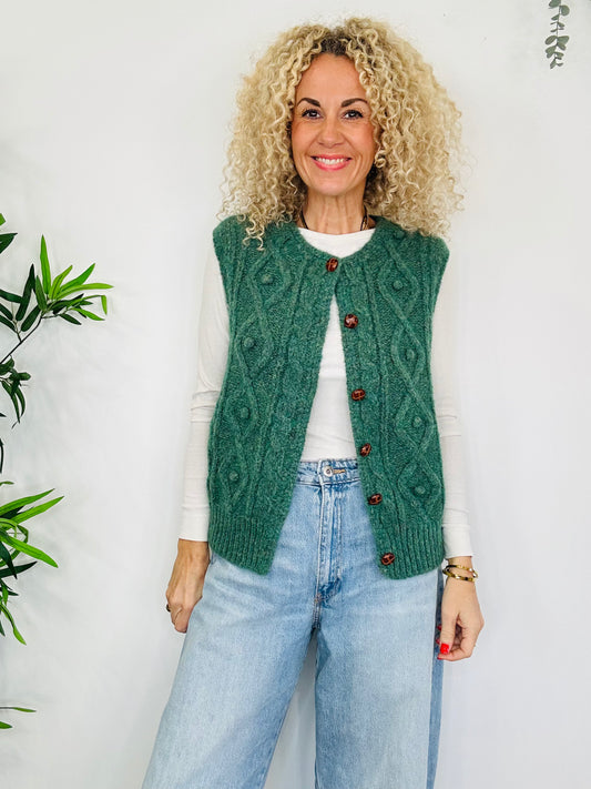 Cable Knit Sleeveless Cardigan - Size M