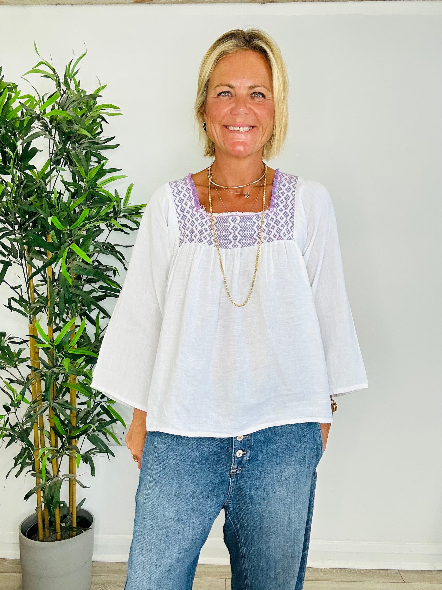 Embroidered Linen Top - Size M