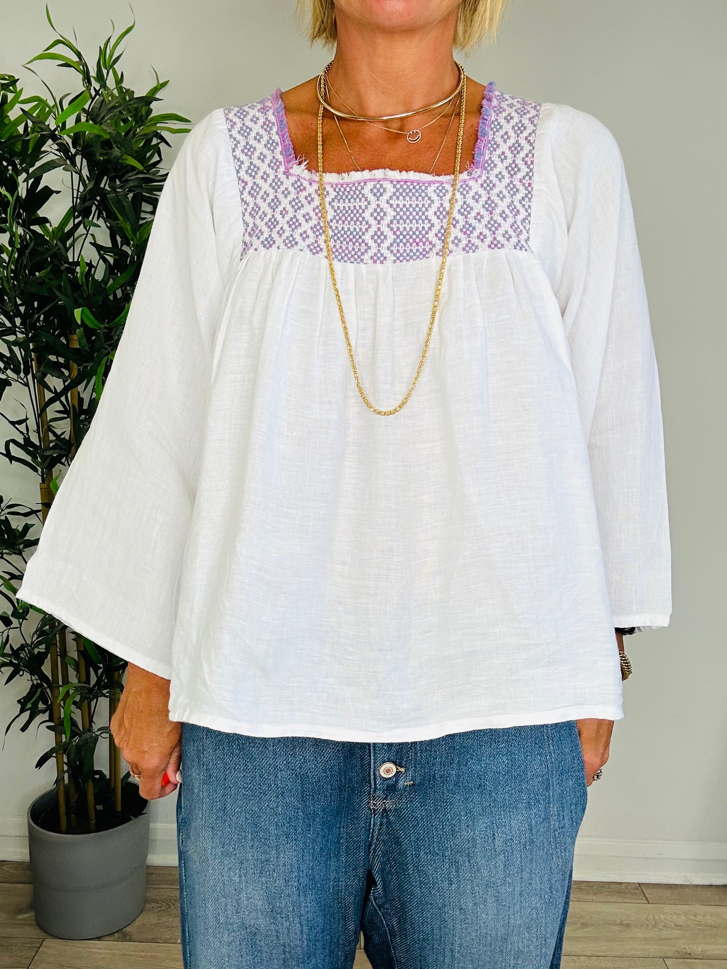 Embroidered Linen Top - Size M