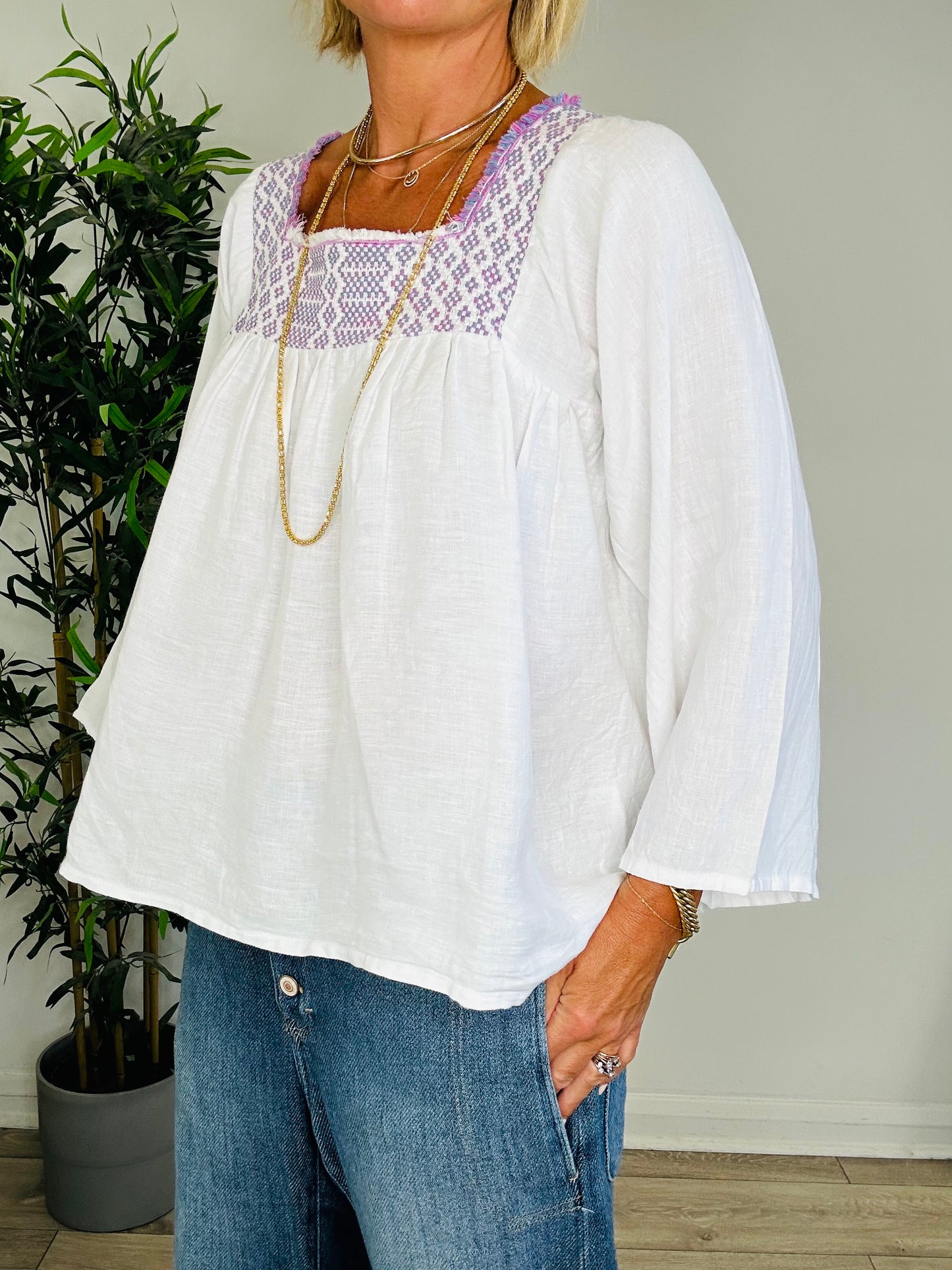 Embroidered Linen Top - Size M