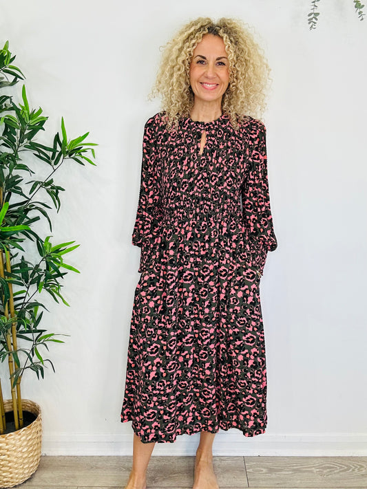Smocked Leopard Print Dress - Size 4