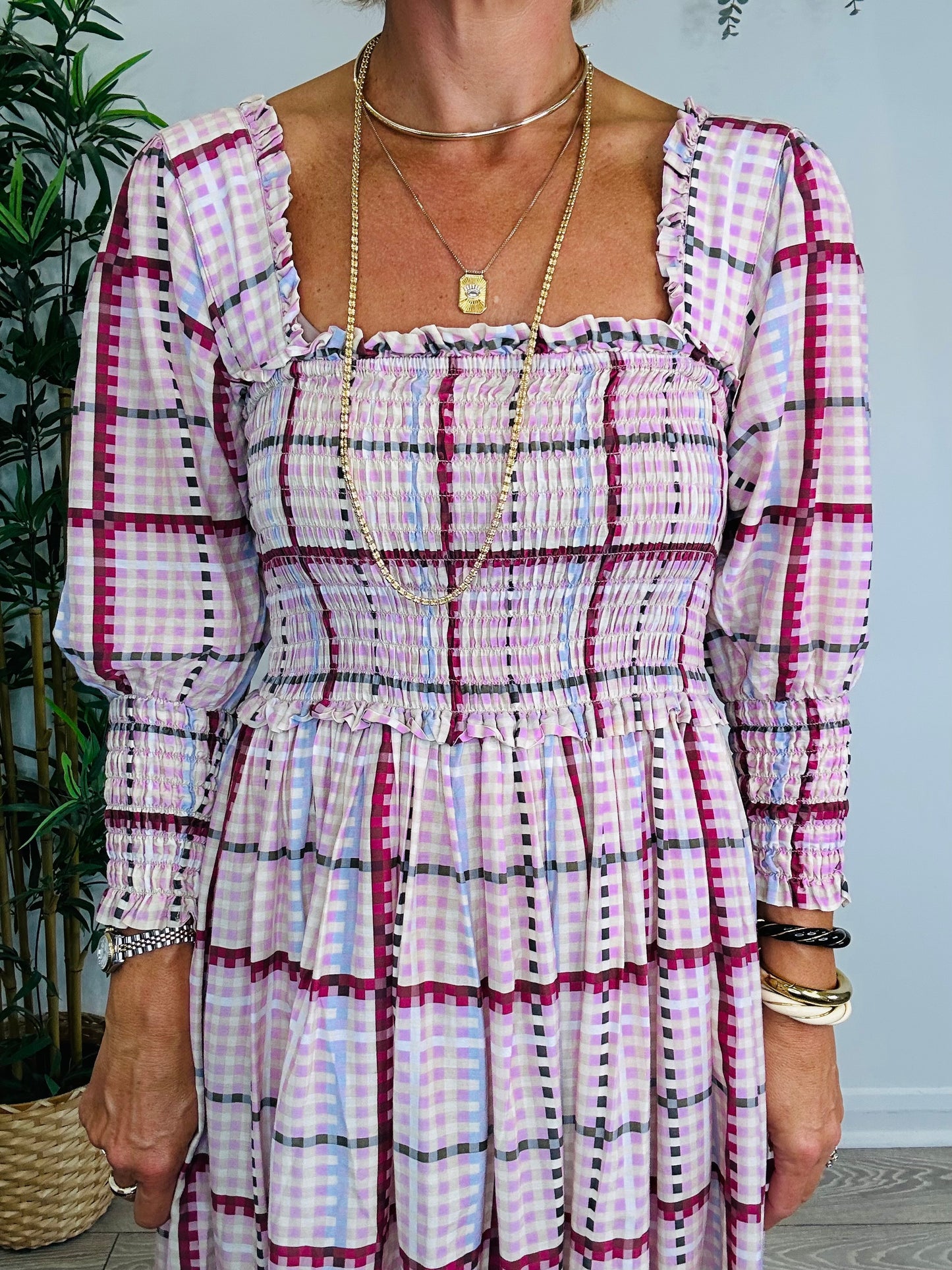 Smocked Check Dress - Size 36