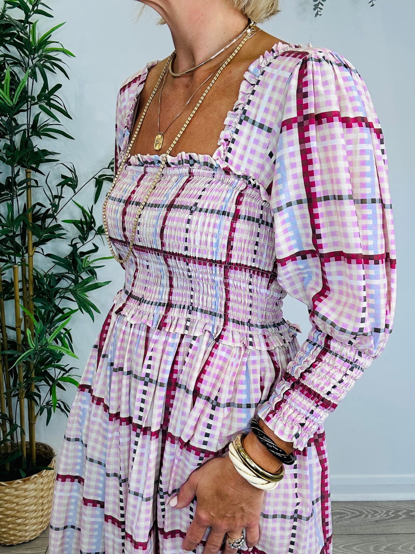 Smocked Check Dress - Size 36