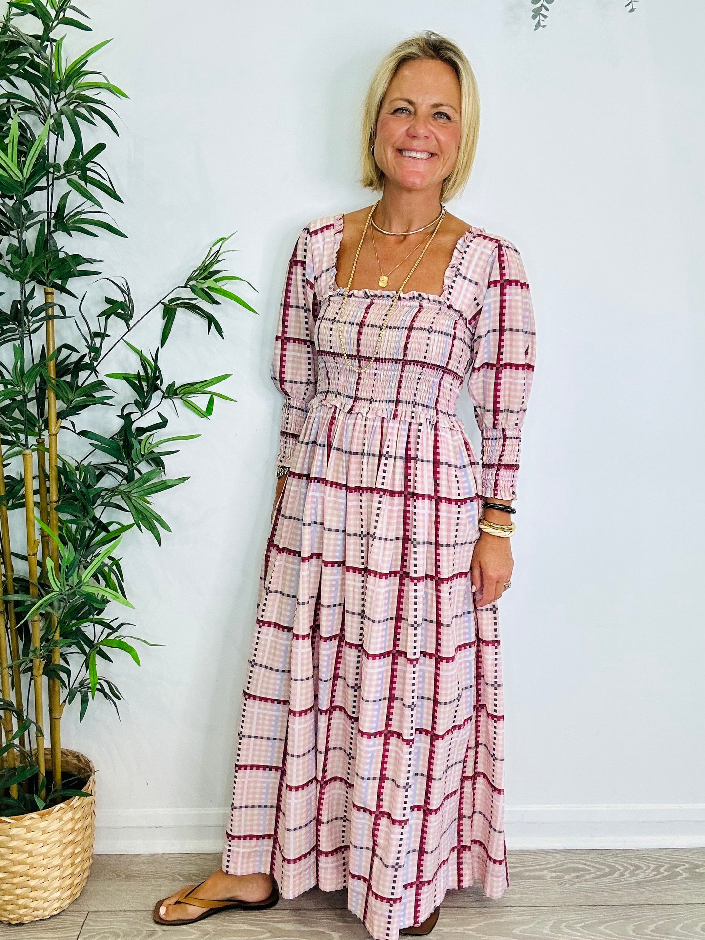 Smocked Check Dress - Size 36