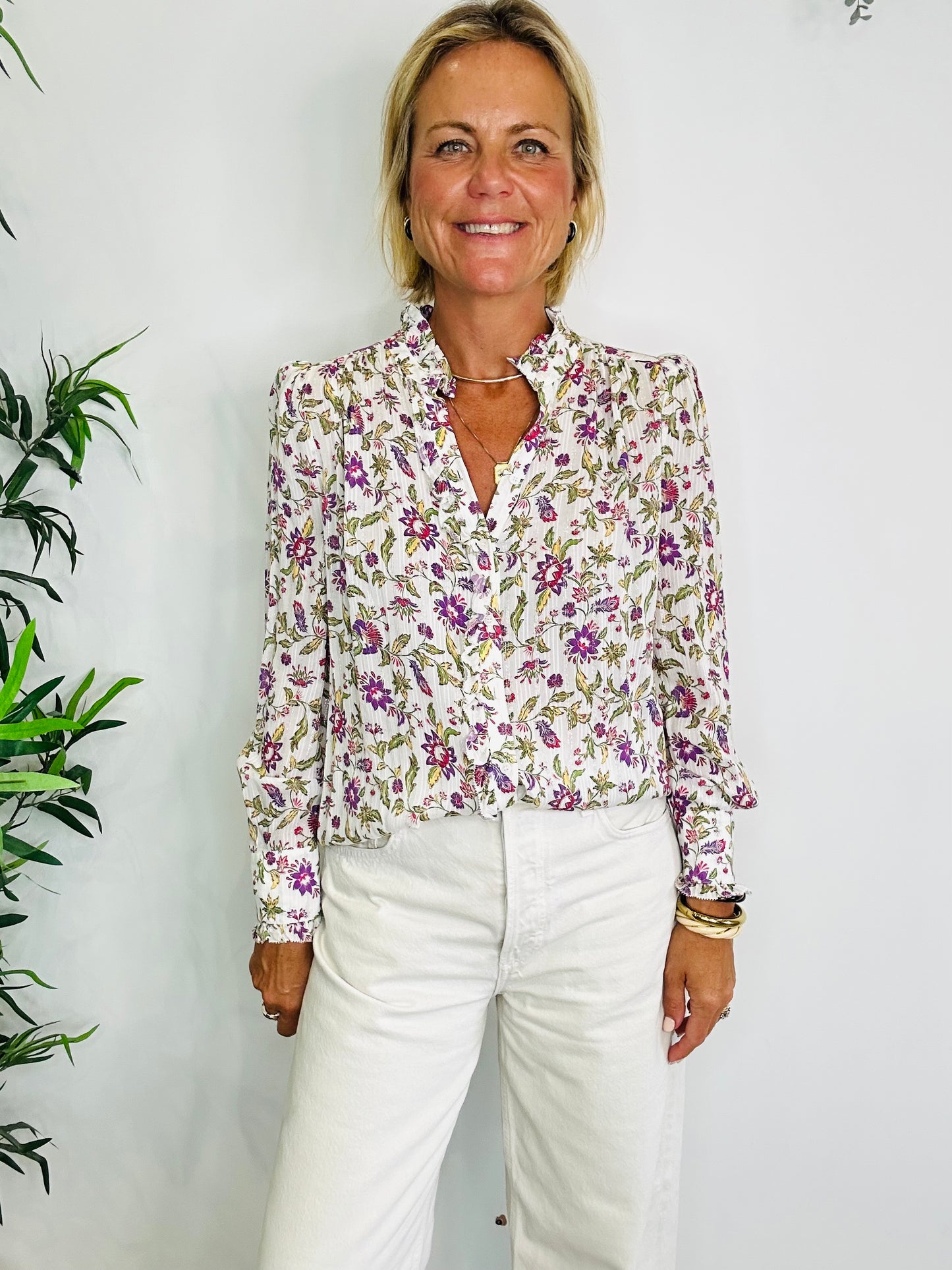 Floral Metallic Stripe Shirt - Size 36