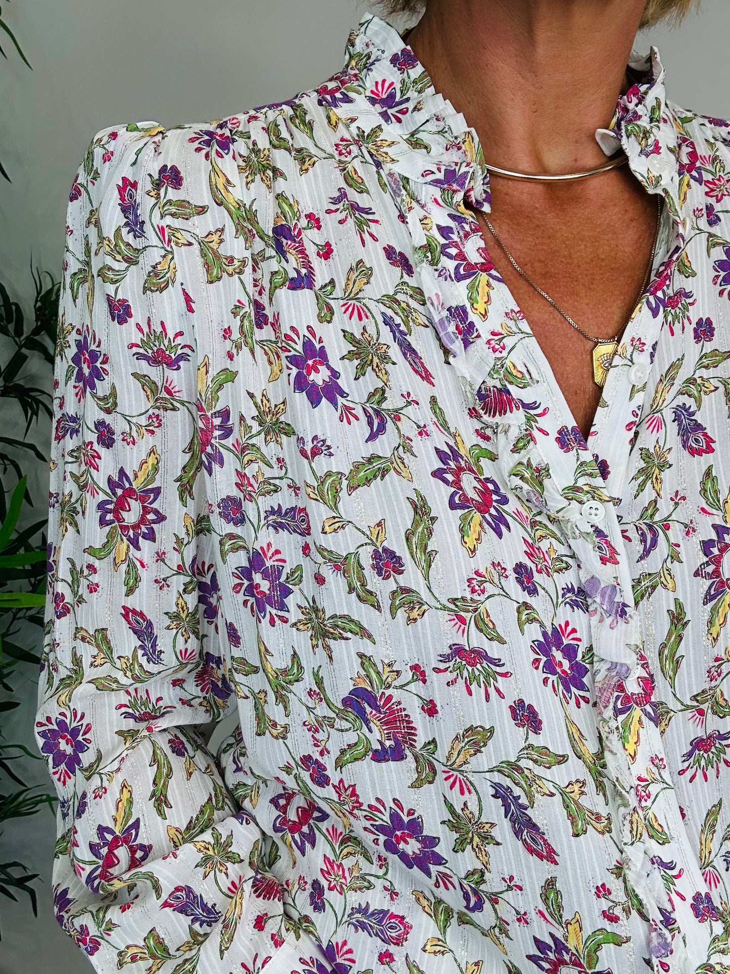 Floral Metallic Stripe Shirt - Size 36