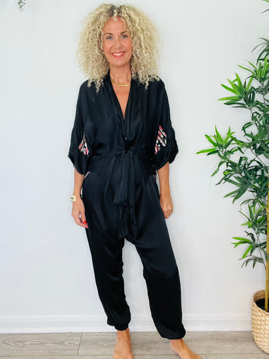 Embroidered Satin Jumpsuit - Size 12