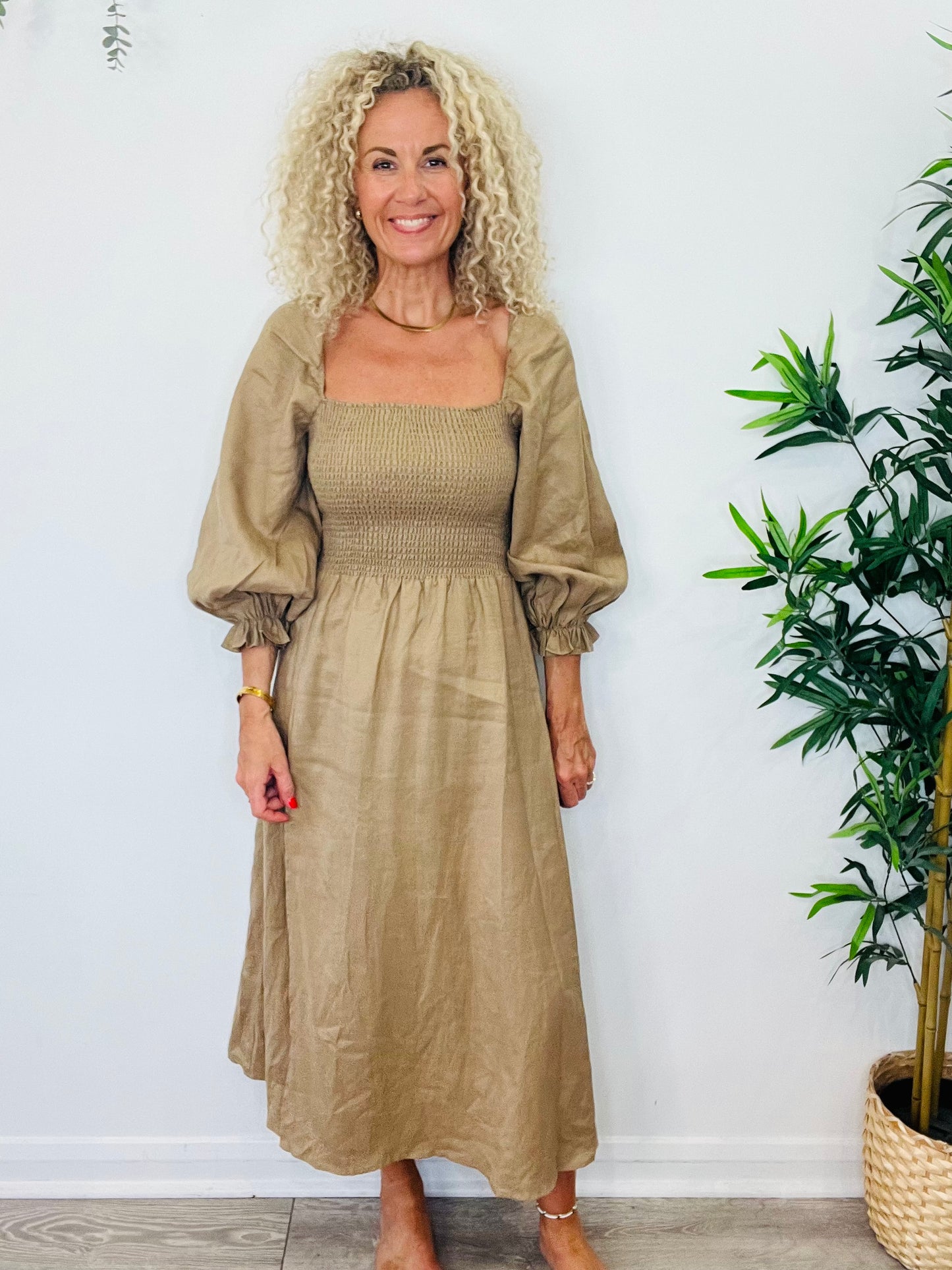 Smocked Linen Dress - Size L