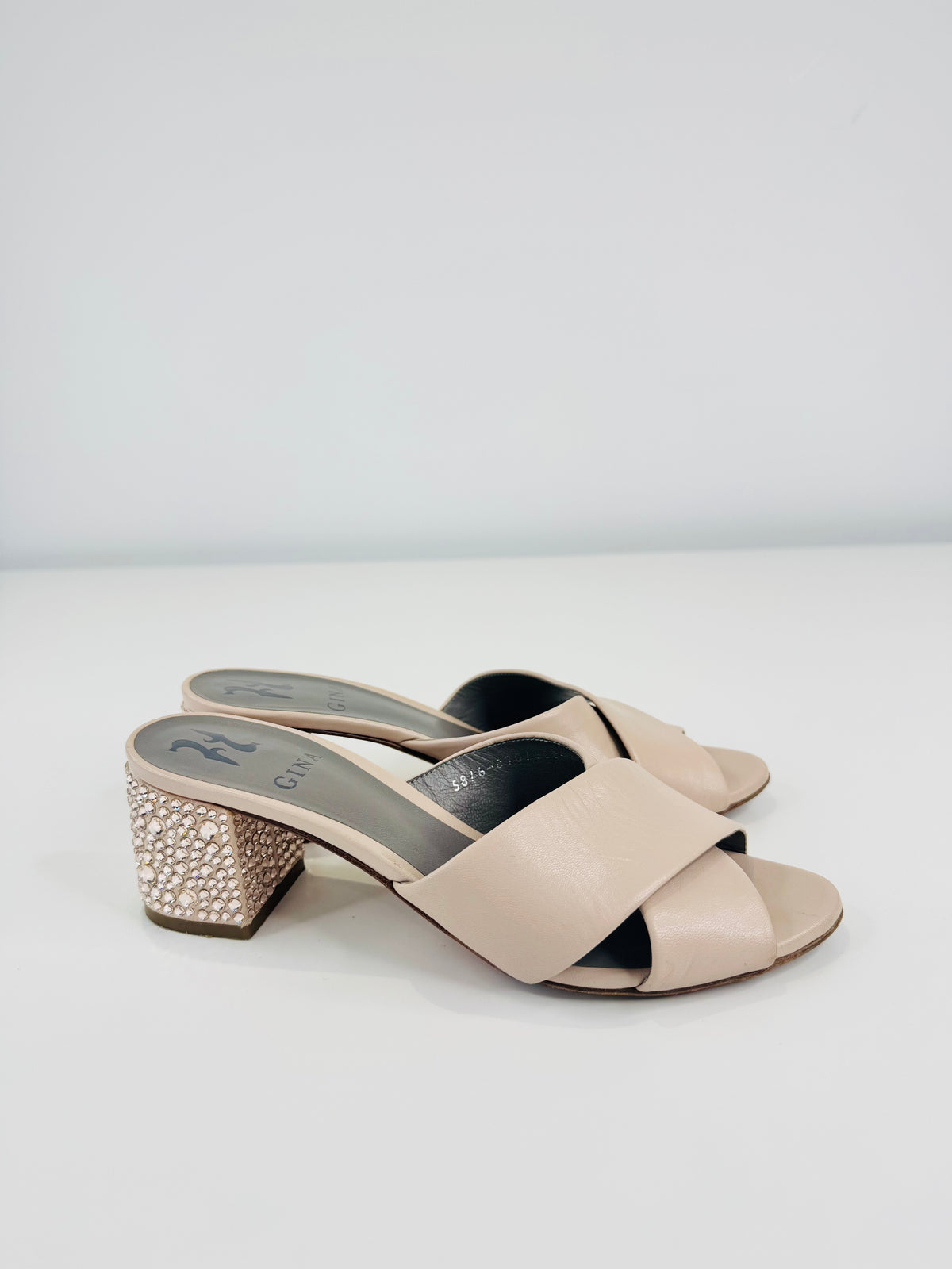 Embellished Block Heel Leather Sandals - Size 37.5