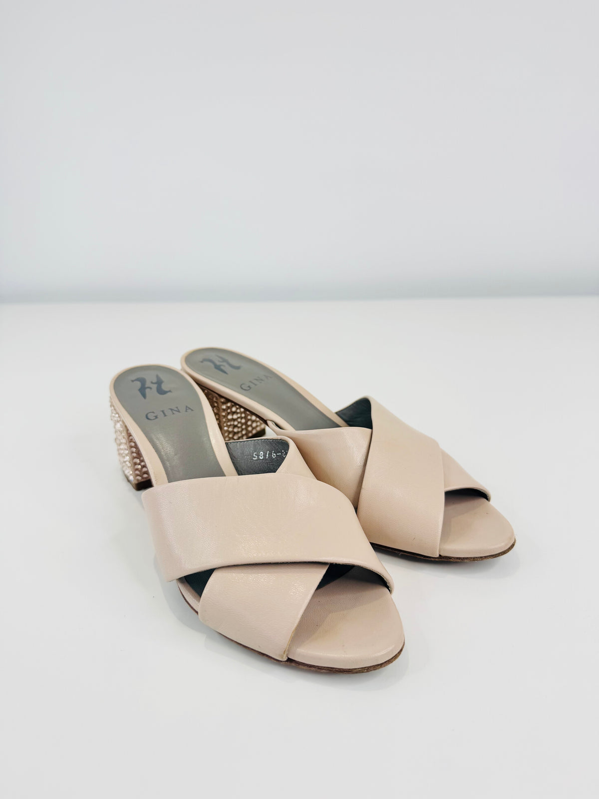 Embellished Block Heel Leather Sandals - Size 37.5
