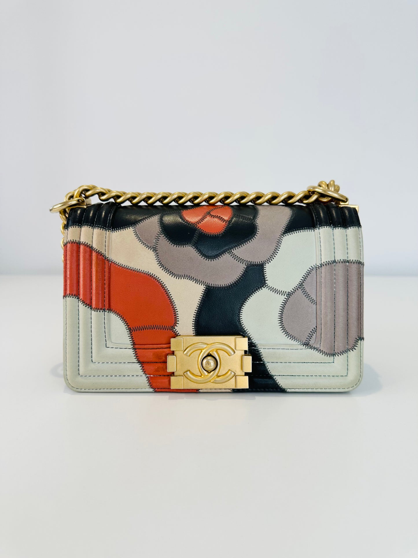 Lambskin Leather Patchwork Camellia Small Boy Bag