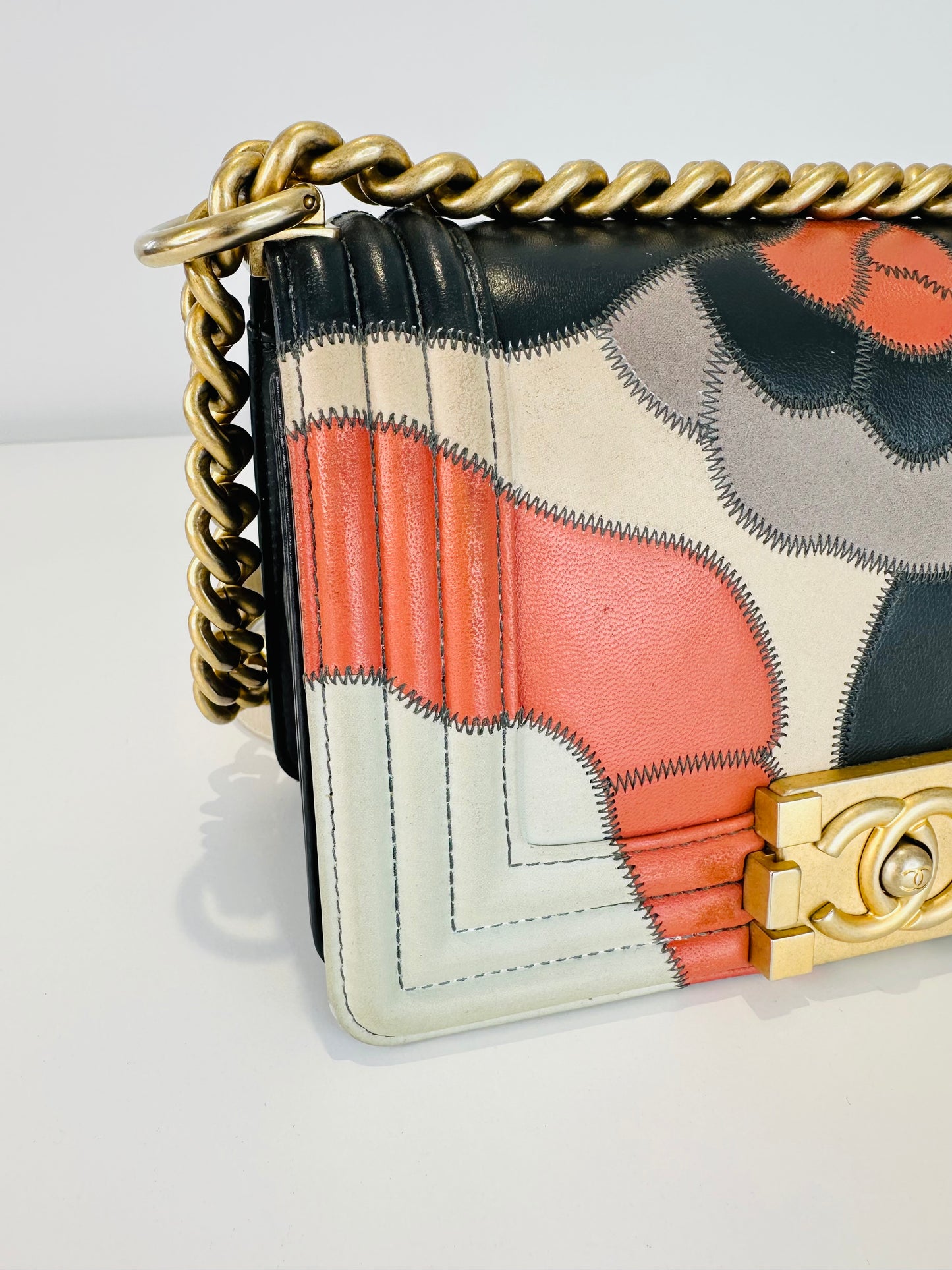 Lambskin Leather Patchwork Camellia Small Boy Bag