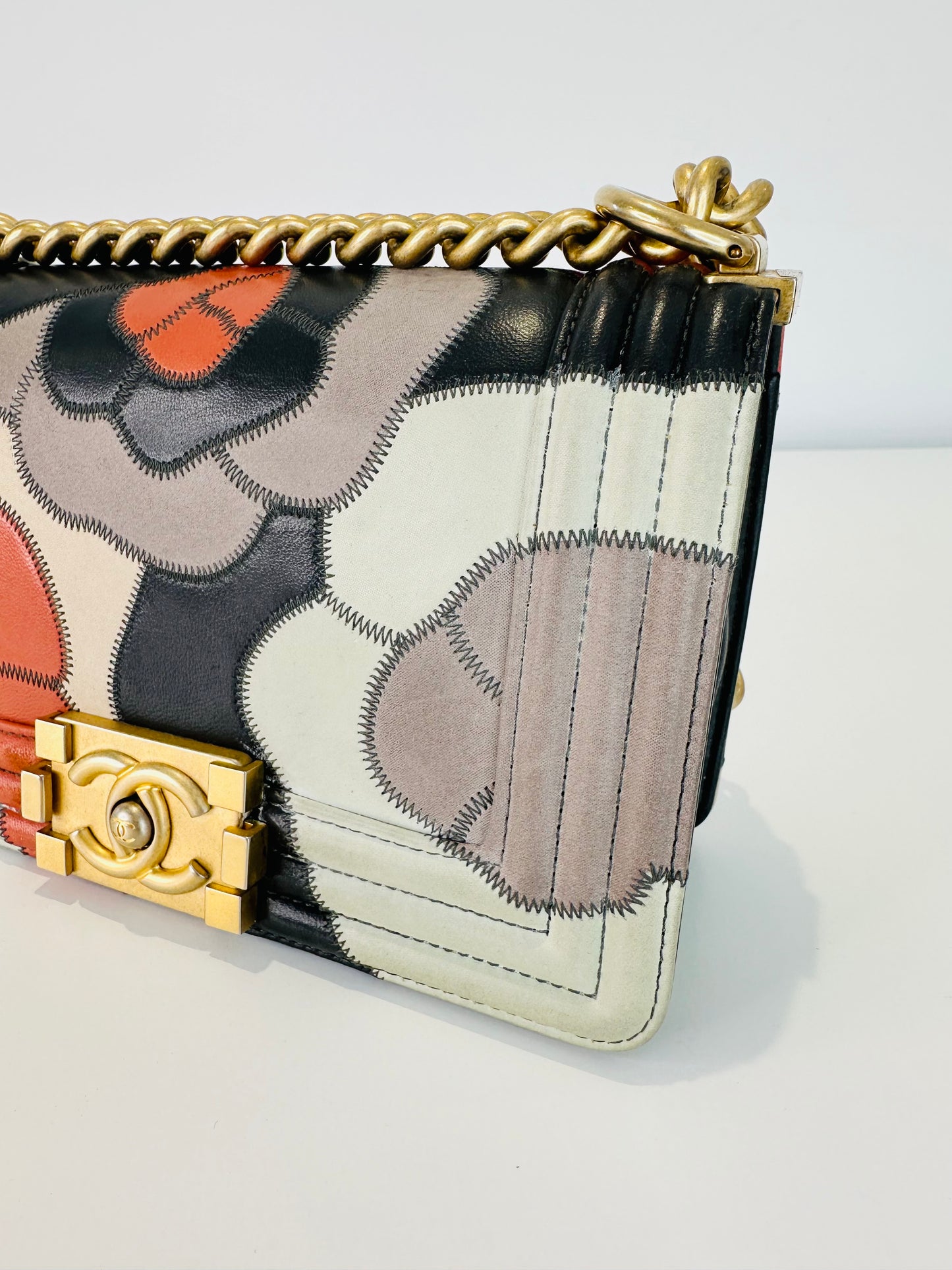 Lambskin Leather Patchwork Camellia Small Boy Bag