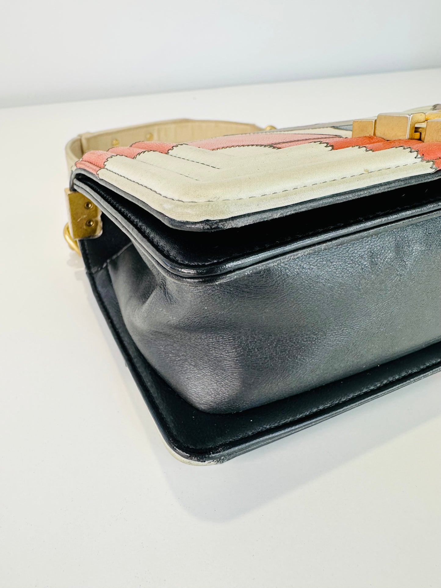 Lambskin Leather Patchwork Camellia Small Boy Bag