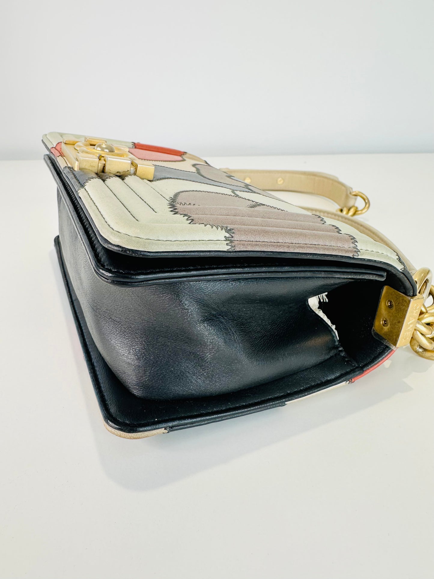 Lambskin Leather Patchwork Camellia Small Boy Bag