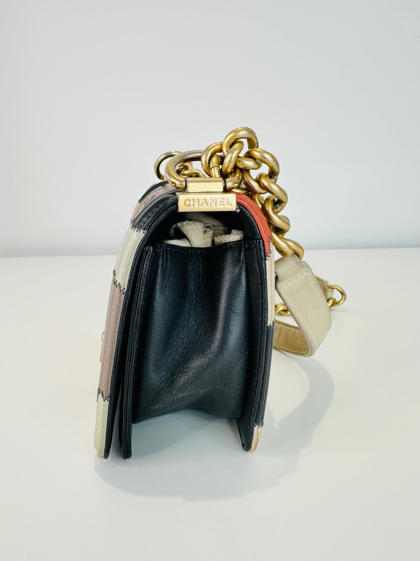 Lambskin Leather Patchwork Camellia Small Boy Bag