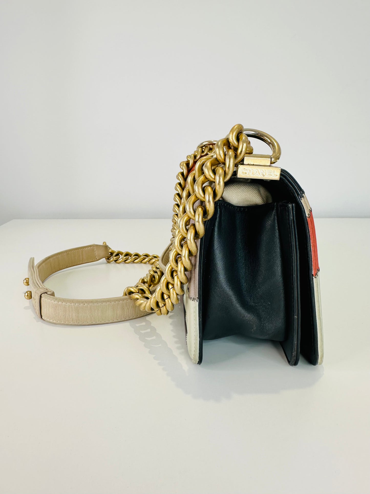 Lambskin Leather Patchwork Camellia Small Boy Bag