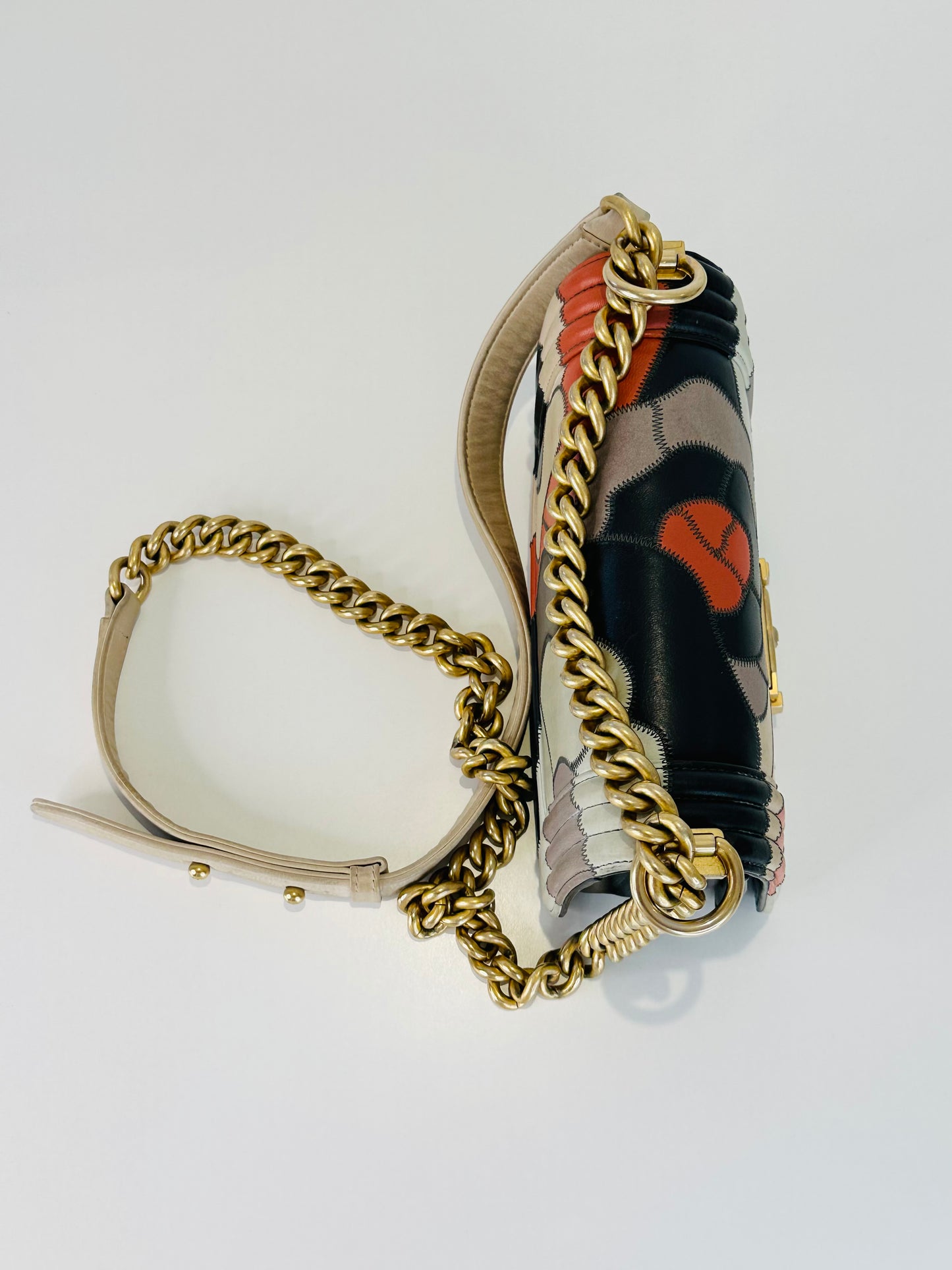 Lambskin Leather Patchwork Camellia Small Boy Bag
