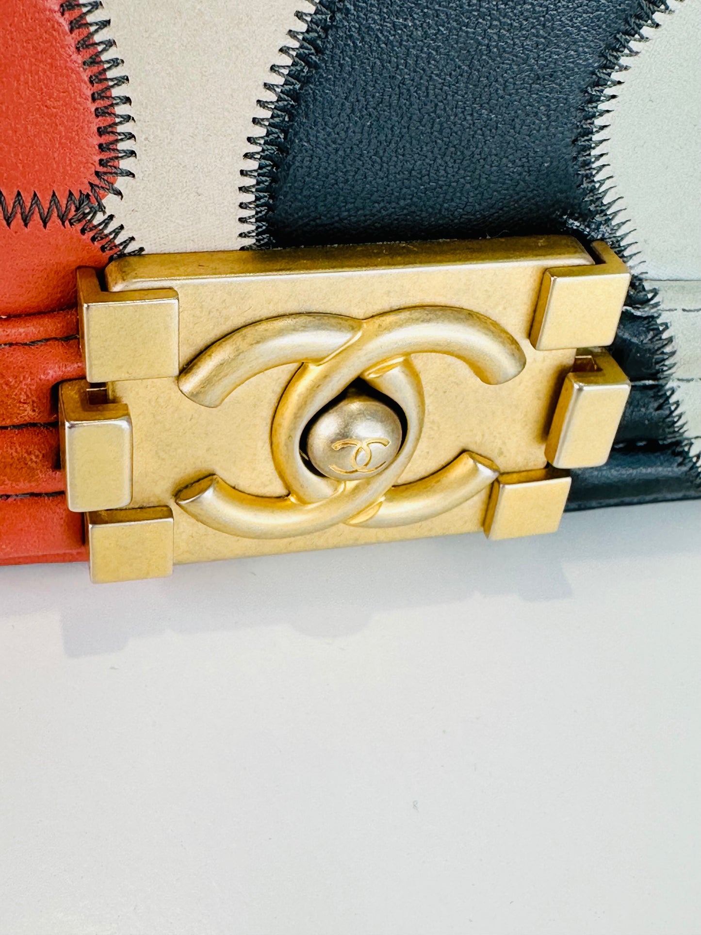 Lambskin Leather Patchwork Camellia Small Boy Bag