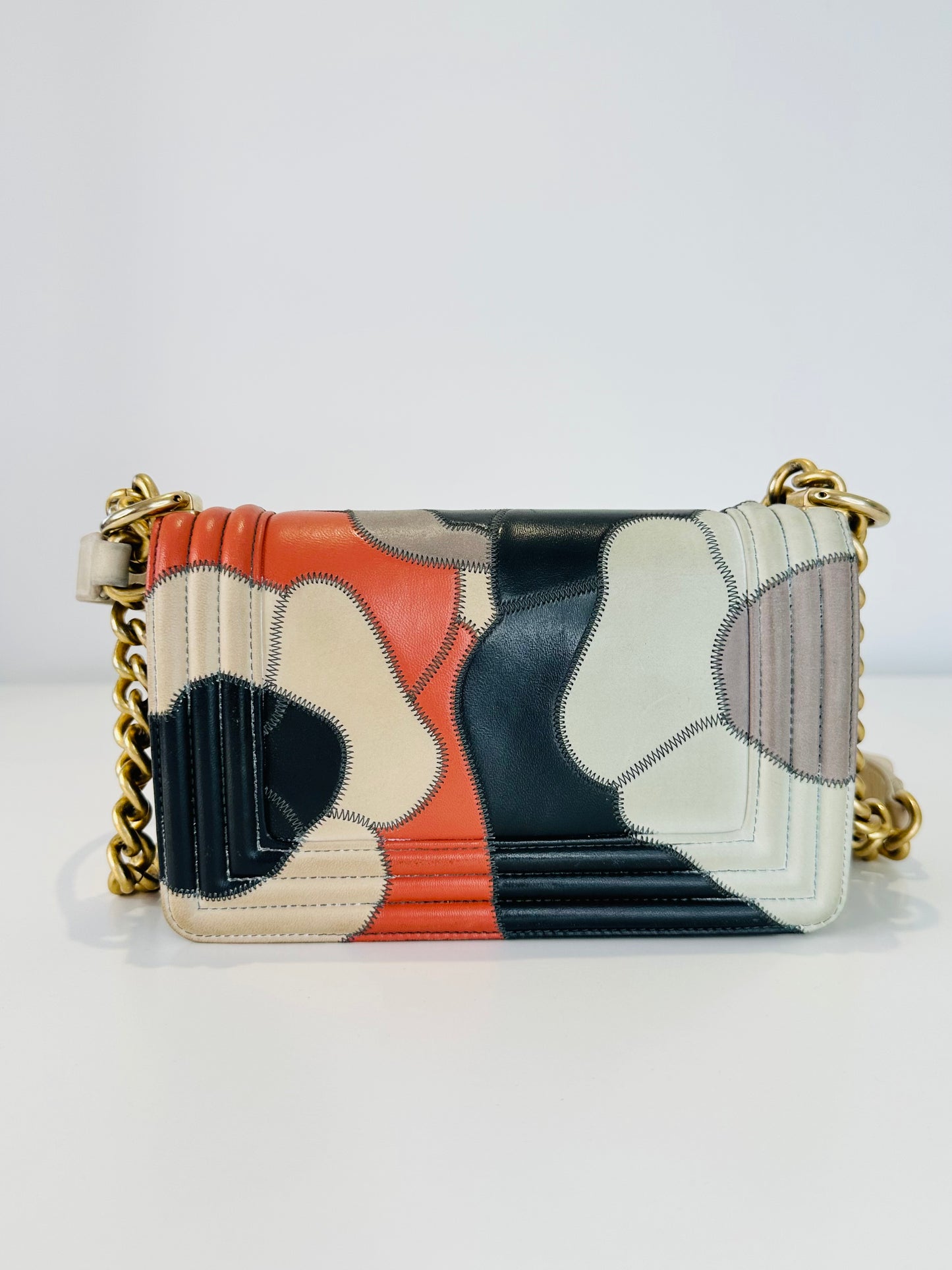Lambskin Leather Patchwork Camellia Small Boy Bag