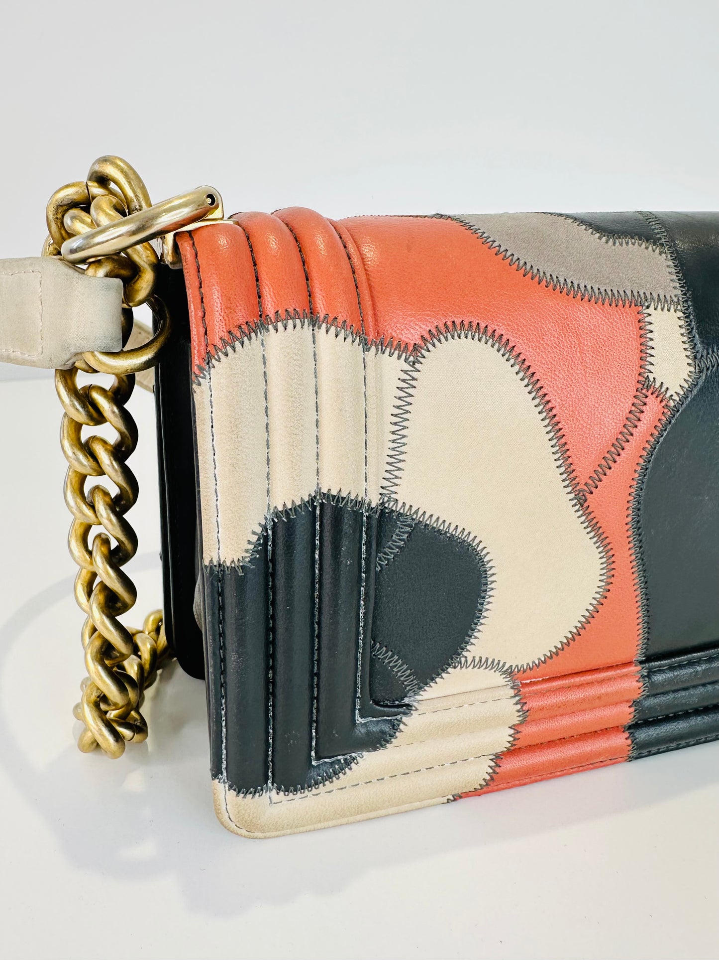 Lambskin Leather Patchwork Camellia Small Boy Bag