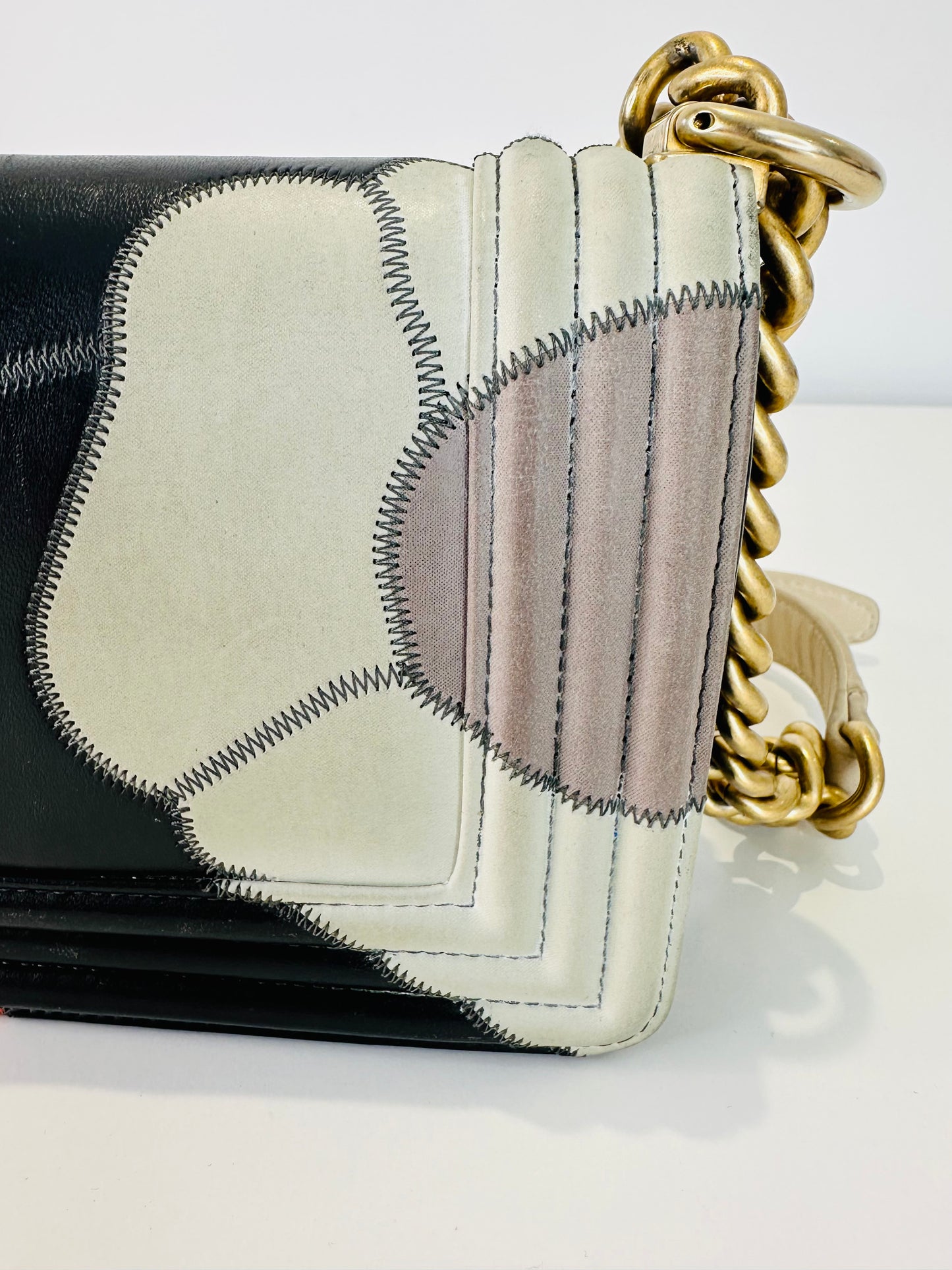 Lambskin Leather Patchwork Camellia Small Boy Bag